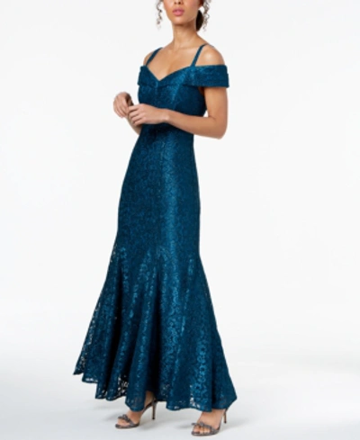 R & M Richards Off-the-shoulder Lace Gown In Peacock Blue