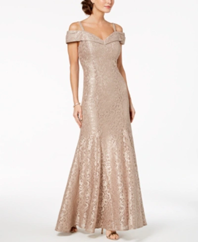 R & M Richards Off-the-shoulder Lace Gown In Champagne