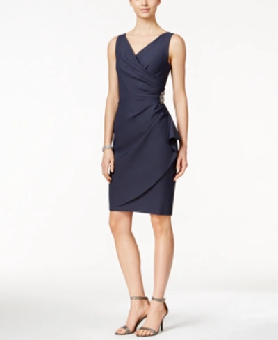 ALEX EVENINGS COMPRESSION EMBELLISHED RUCHED SHEATH DRESS