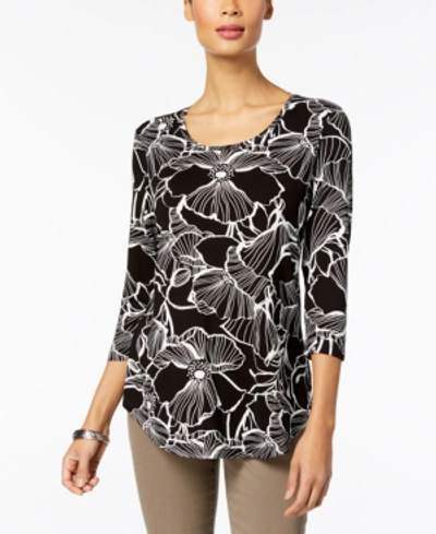 Jm Collection Petite 3/4-sleeve Printed Top, Created For Macy's In Black Silhouette