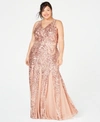 Nightway Plus Size Sequined Mesh Gown In Mauve Pink