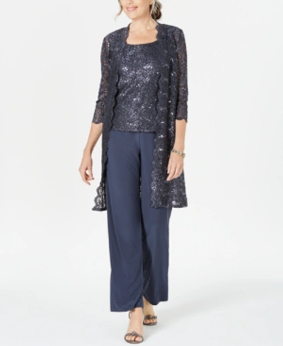 R & M Richards Petite 3-pc. Sequined-lace Jacket, Top & Pants In Cadet