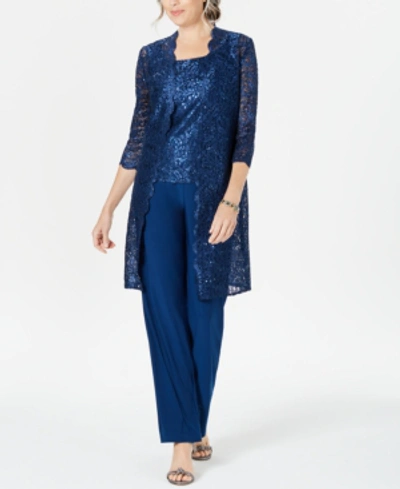 R & M Richards Petite 3-pc. Sequined-lace Jacket, Top & Pants In Peacock