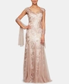 ALEX EVENINGS EMBELLISHED-LACE EMBROIDERED ILLUSION GOWN & SHAWL