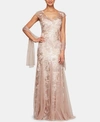 Alex Evenings Embellished-lace Embroidered Illusion Gown & Shawl In Rose Gold