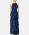 Betsy & Adam Chiffon Foil-dot Gown In Navy/gold