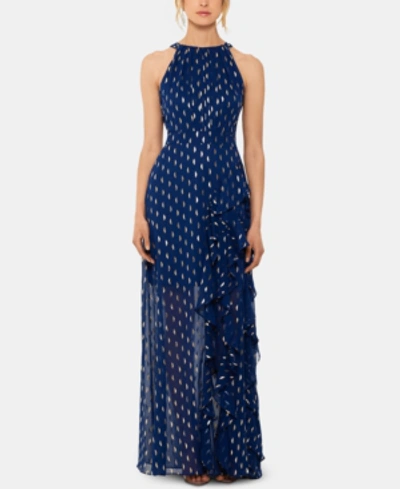 Betsy & Adam Chiffon Foil-dot Gown In Navy/gold