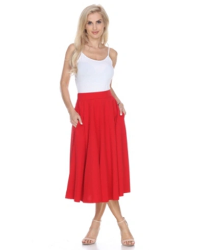 White Mark Flared Midi Skirt With Pockets In Red