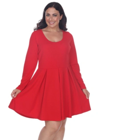 White Mark Plus Size Classic Long Sleeve Fit And Flare Dress In Red