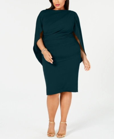 Betsy Adam Plus Size Ruched Cape Dress In Pine Green ModeSens
