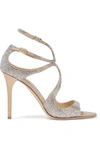 JIMMY CHOO MEMENTO LANG CRYSTAL-EMBELLISHED METALLIC SUEDE SANDALS