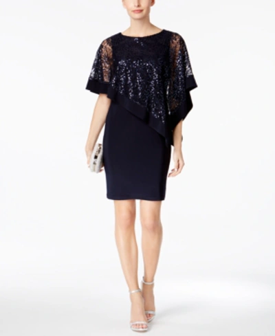 R & M Richards Sequined Cape Sheath Dress In Navy