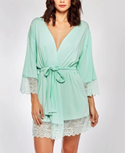 Icollection Elegant Modal Knit Robe Lingerie With Contrast Scalloped Lace In Green
