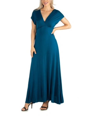 24seven Comfort Apparel Womens V-neck Ruched Midi Dress In Blue