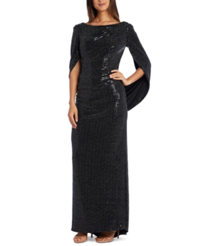 R & M Richards Sequined Draped-back Gown In Black