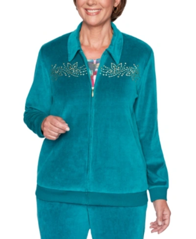 Alfred Dunner Petite Bright Idea Beaded Velour Jacket In Jade