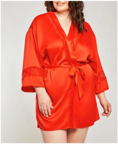 Icollection -miaya Satin Cut Out Laced Trimmed Lounge Robe In Red