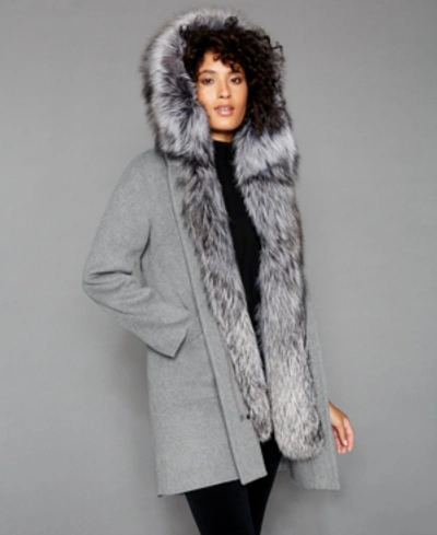 The Fur Vault Fox-fur-trim Hooded Parka Coat In Grey/silver Blue