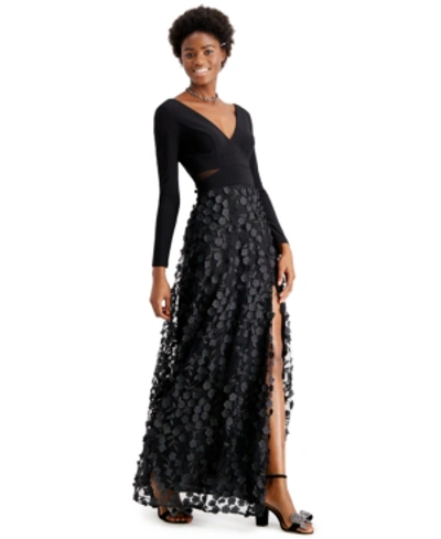 Xscape Mesh-cutout Flower Gown In Black