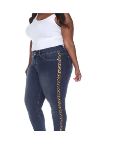 White Mark Plus Size Super Stretch Denim With Cheetah Pannel In Blue