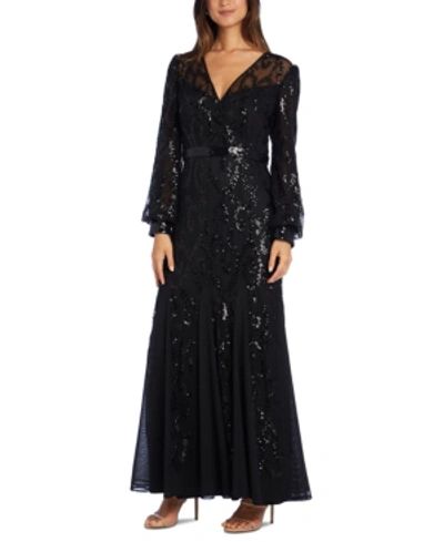 R & M Richards Sequined Blouson-sleeve Gown In Black