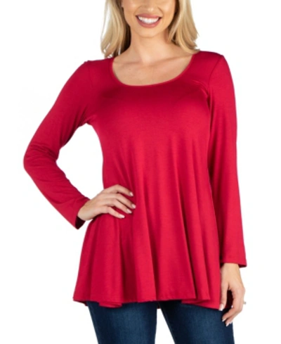 24seven Comfort Apparel Long Sleeve Solid Color Swing Style Flared Tunic Top In Ruby Red
