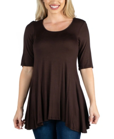 24seven Comfort Apparel Women's Elbow Sleeve Swing Tunic Top In Brown