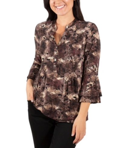 Ny Collection Printed Bell-sleeve Top In Taupe Milaflor