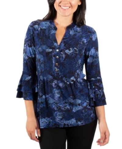 Ny Collection Printed Bell-sleeve Top In Navy Milaflor