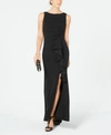 Betsy & Adam Womens Ruched Side Slit Evening Dress In Black