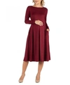 24seven Comfort Apparel Maternity Midi Length Fit And Flare Pocket Dress In Burgundy