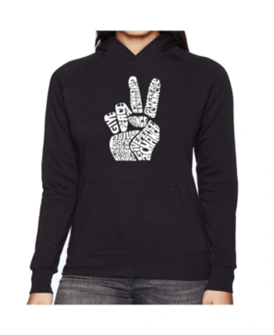 La Pop Art Women's Word Art Hooded Sweatshirt -peace Fingers In Black