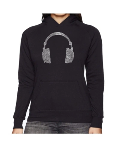 La Pop Art Women's Word Art Hooded Sweatshirt -63 Different Genres Of Music In Black