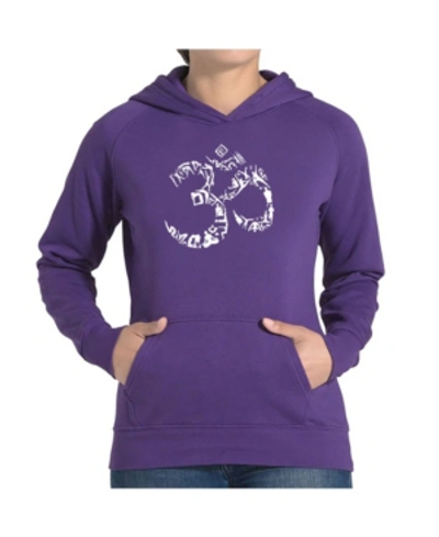 La Pop Art Women's Word Art Hooded Sweatshirt -the Om Symbol Out Of Yoga Poses In Purple
