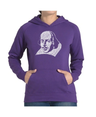 La Pop Art Women's Word Art Hooded Sweatshirt -the Titles Of All Of William Shakespeare's Comedies & Tragedies In Purple