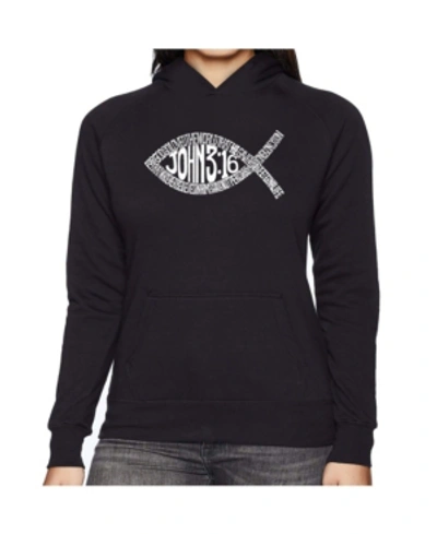 La Pop Art Women's Word Art Hooded Sweatshirt -john 3:16 Fish Symbol In Black