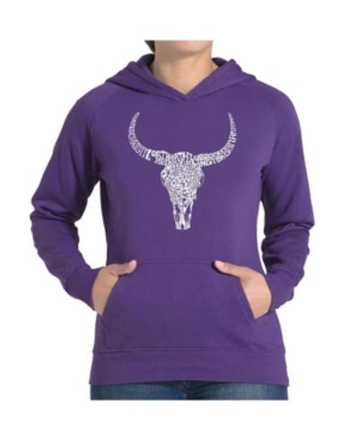 La Pop Art Women's Word Art Hooded Sweatshirt -texas Skull In Purple