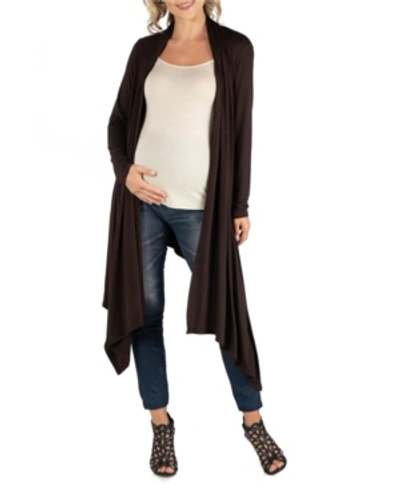24seven Comfort Apparel Long Sleeve Knee Length Open Maternity Cardigan In Brown