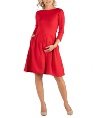 24seven Comfort Apparel Knee Length Fit N Flare Maternity Dress With Pockets In Red