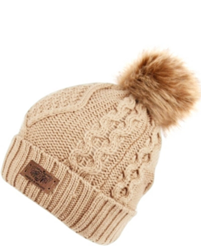 Angela & William Faux Fur Pom Beanie With Fleece Lining In Tan