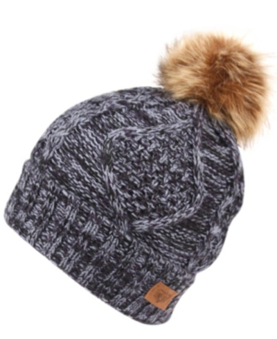 Angela & William Faux Fur Pom Beanie With Fleece Lining In Multi Navy