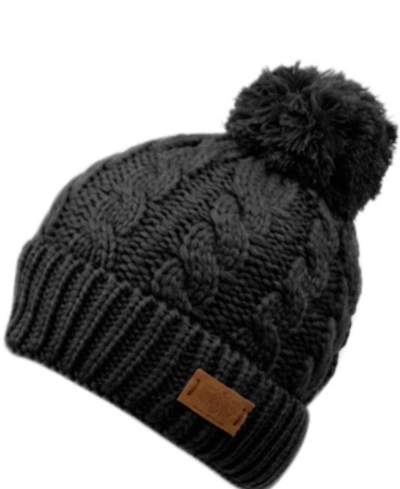 Angela & William Cable Pom Beanie With Sherpa Lining In Black