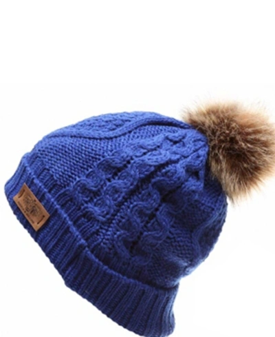 Angela & William Faux Fur Pom Beanie With Fleece Lining In Royal