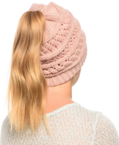 Angela & William Messy Bun Ponytail Crochet Beanie In Indi Pink