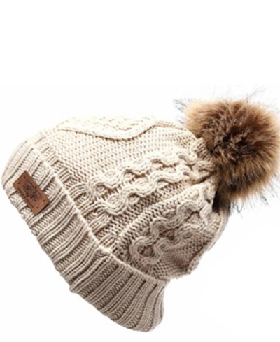 Angela & William Faux Fur Pom Beanie With Fleece Lining In Khaki