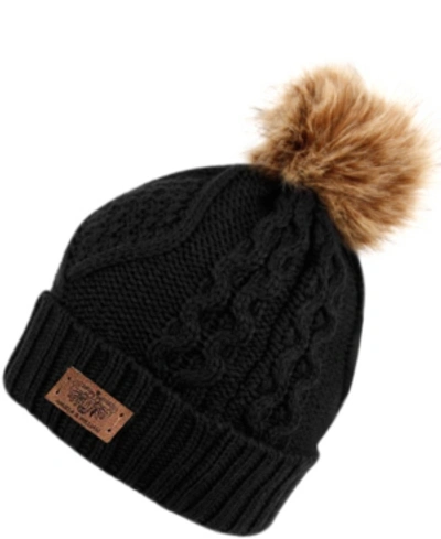 Angela & William Faux Fur Pom Beanie With Fleece Lining In Black