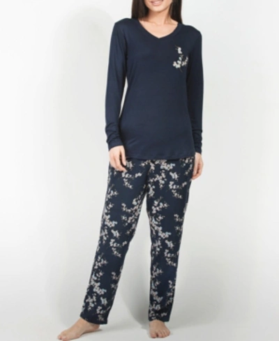 Mood Pajamas Cherry Blossom Ultra Soft Long-sleeve Pajama Set In Navy