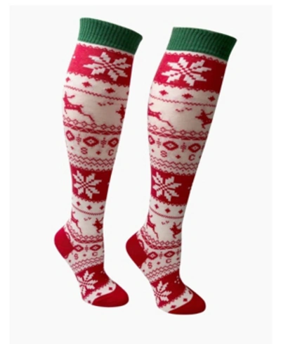 Love Sock Company Women's Knee High Socks With Snowflakes And Reindeer Designs In Red