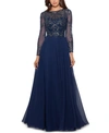 Xscape Embellished Long Sleeve Chiffon A-line Gown In Navy Blue