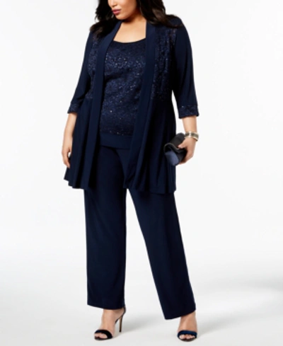 R & M Richards Plus Size Embellished Lace Jacket, Top & Pants In Blue